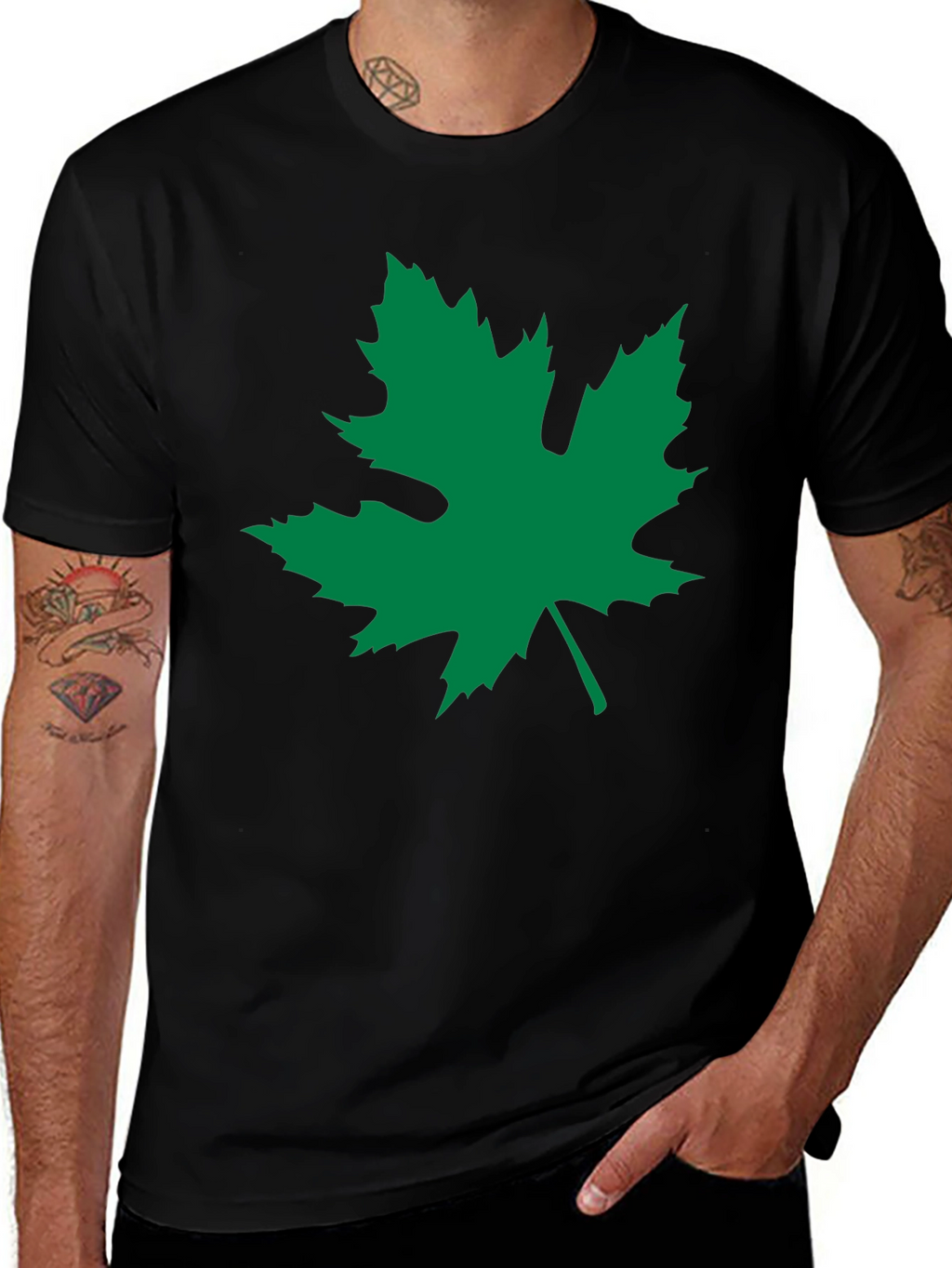 Black T-Shirt with Green Leaf Graphic