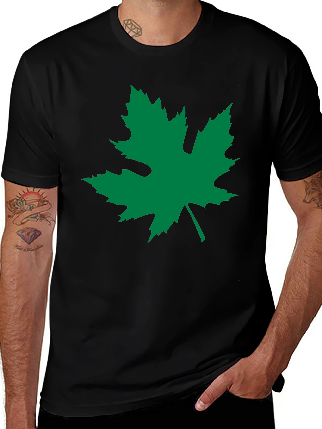 Black T-Shirt with Green Leaf Graphic