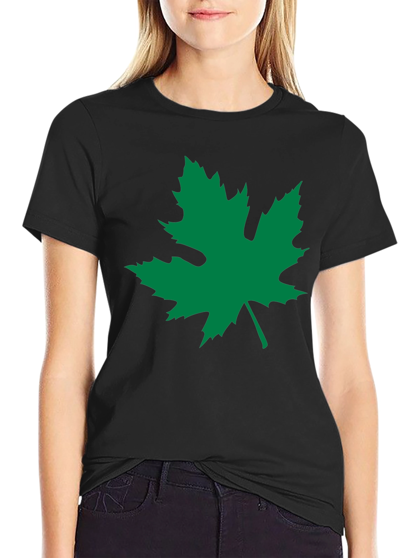 Black T-Shirt with Green Leaf Graphic