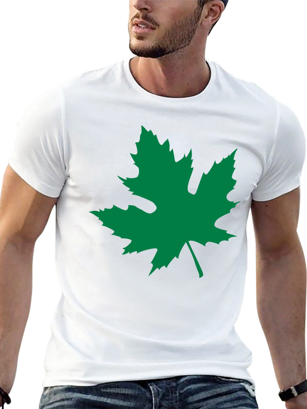 Black T-Shirt with Green Leaf Graphic