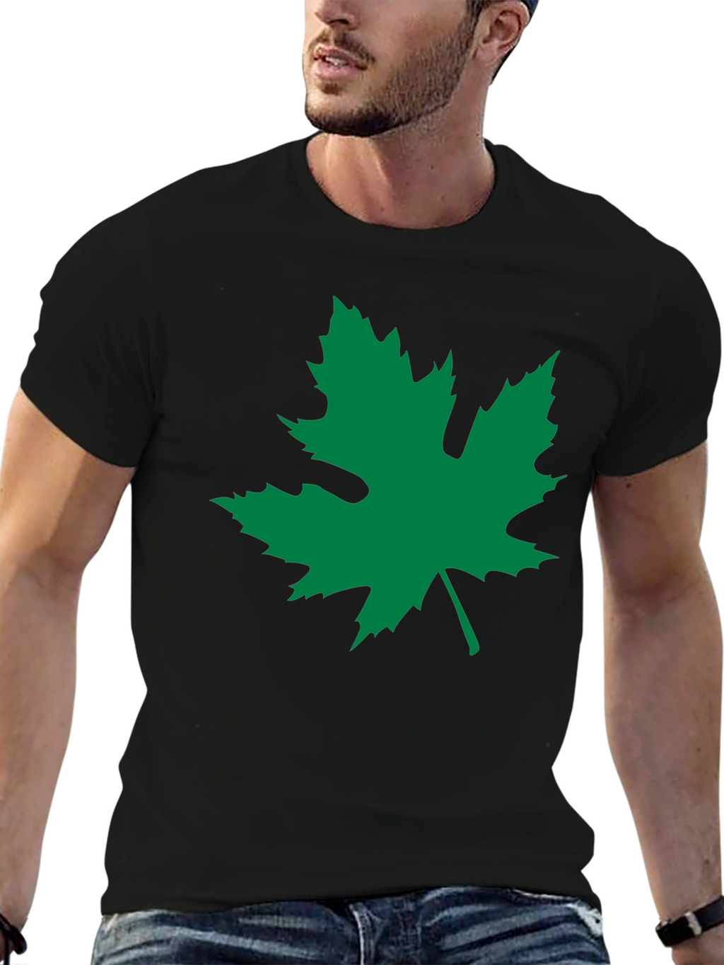 Black T-Shirt with Green Leaf Graphic