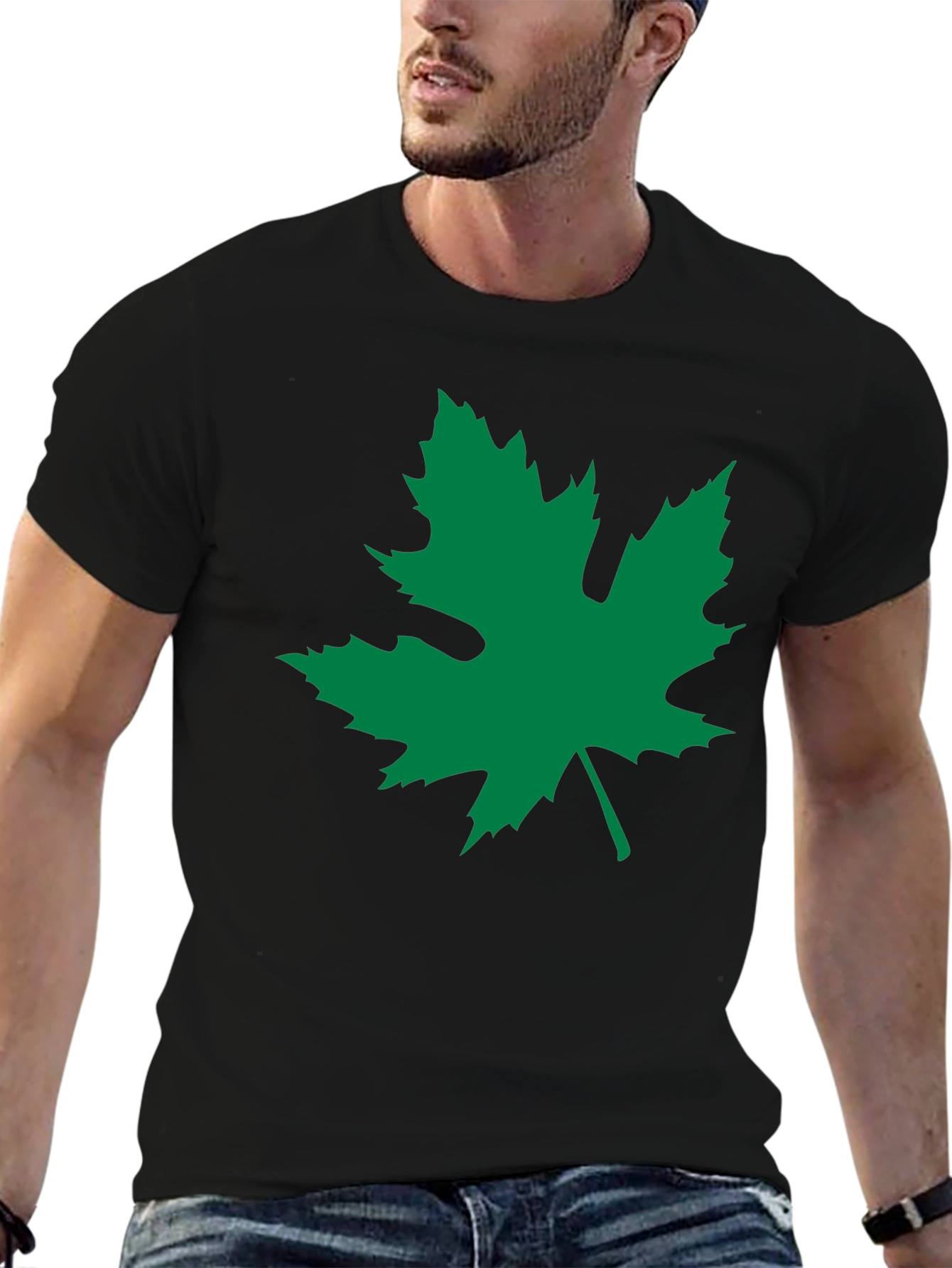 Black T-Shirt with Green Leaf Graphic