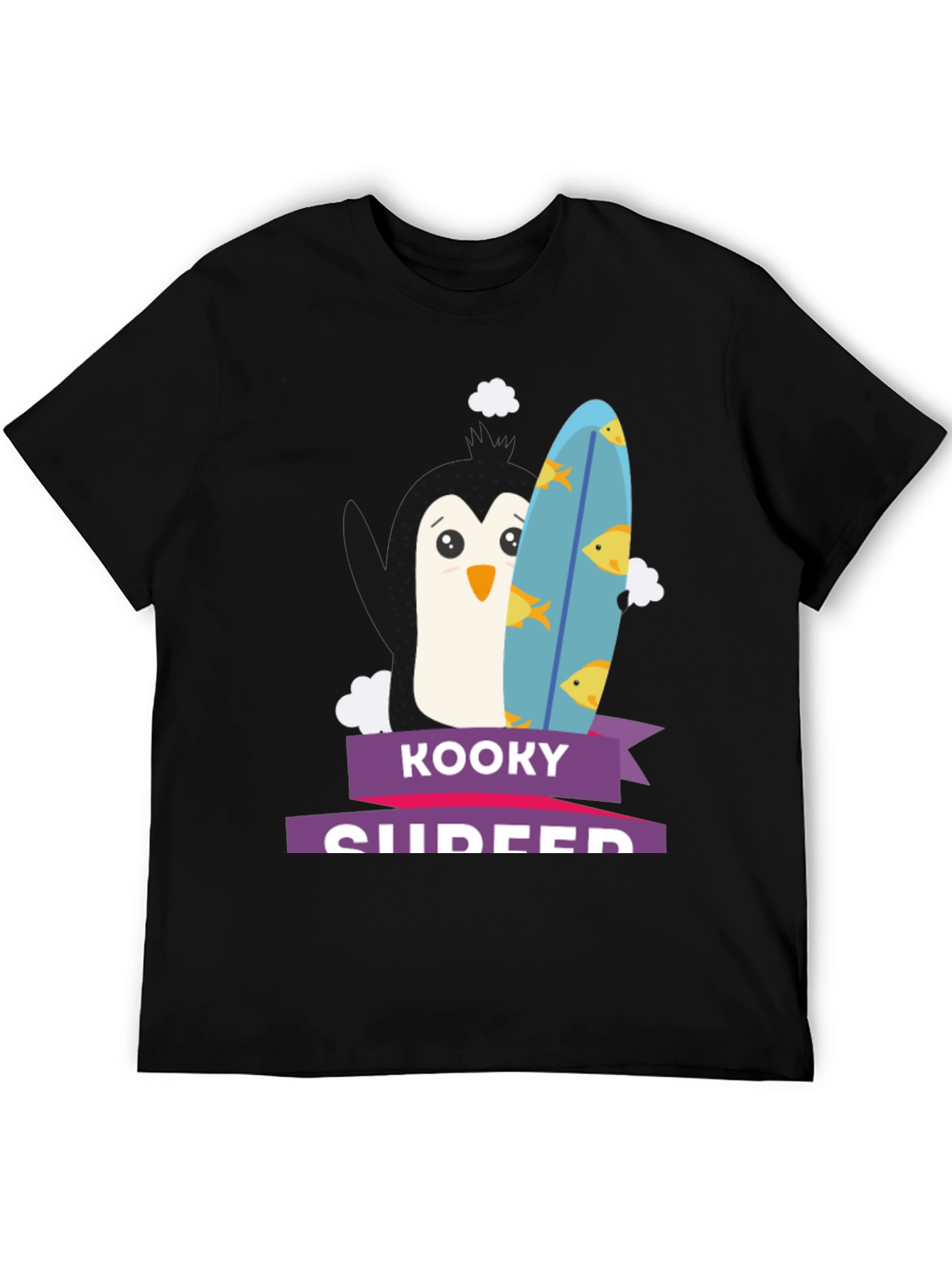 Kooky Surfer Penguin Graphic Tee - Fun Black T-Shirt