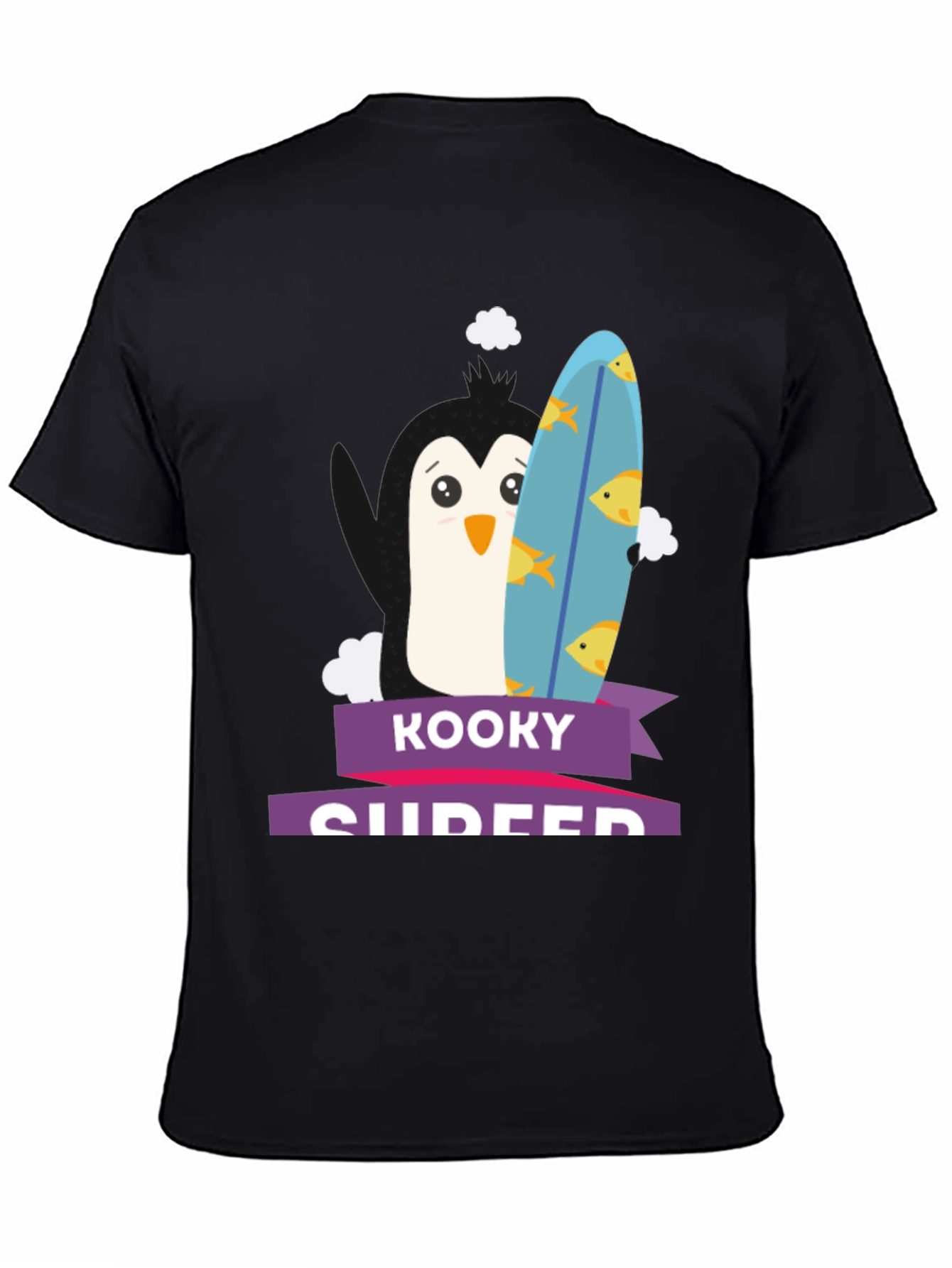 Kooky Surfer Penguin Graphic Tee - Fun Black T-Shirt