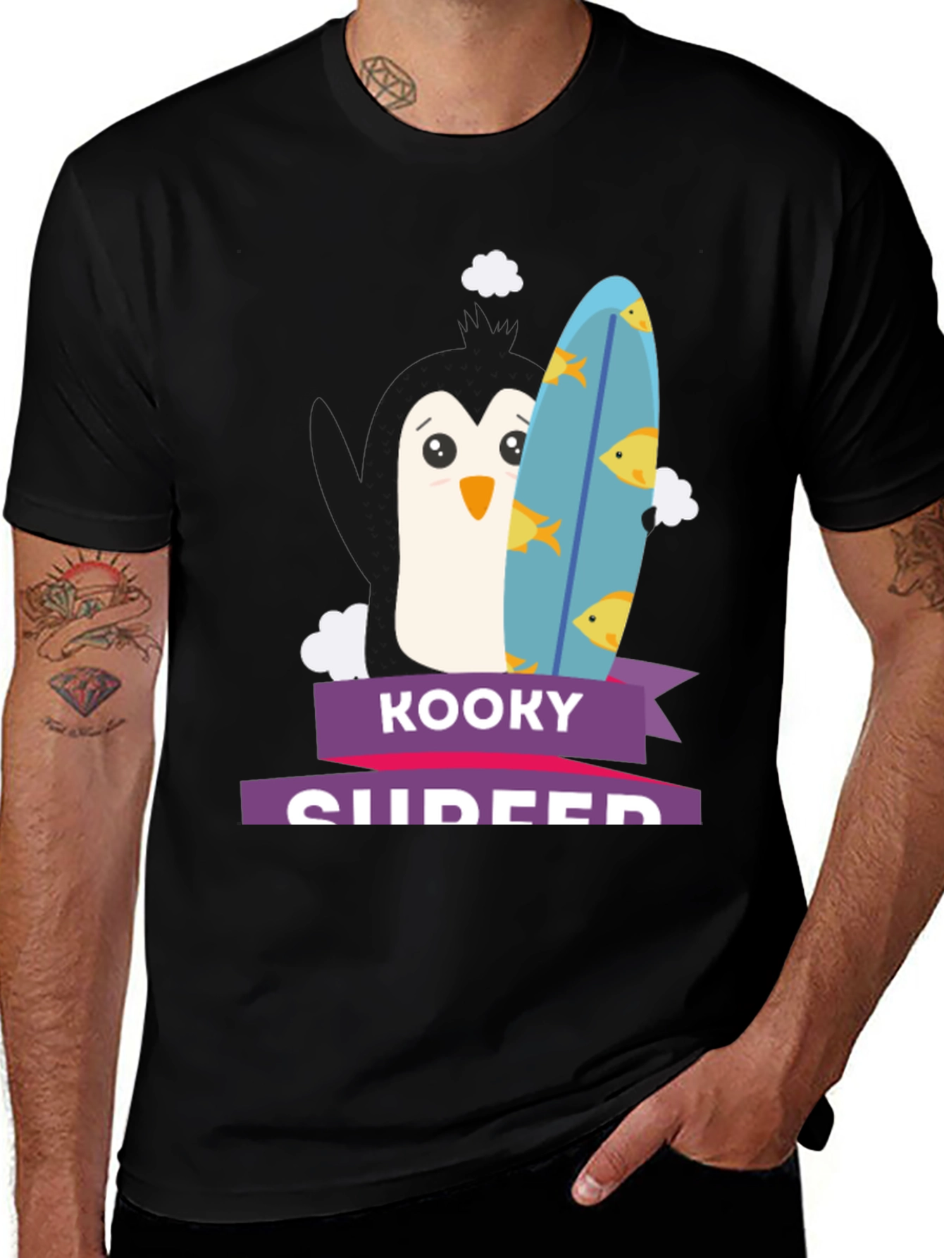 Kooky Surfer Penguin Graphic Tee - Fun Black T-Shirt
