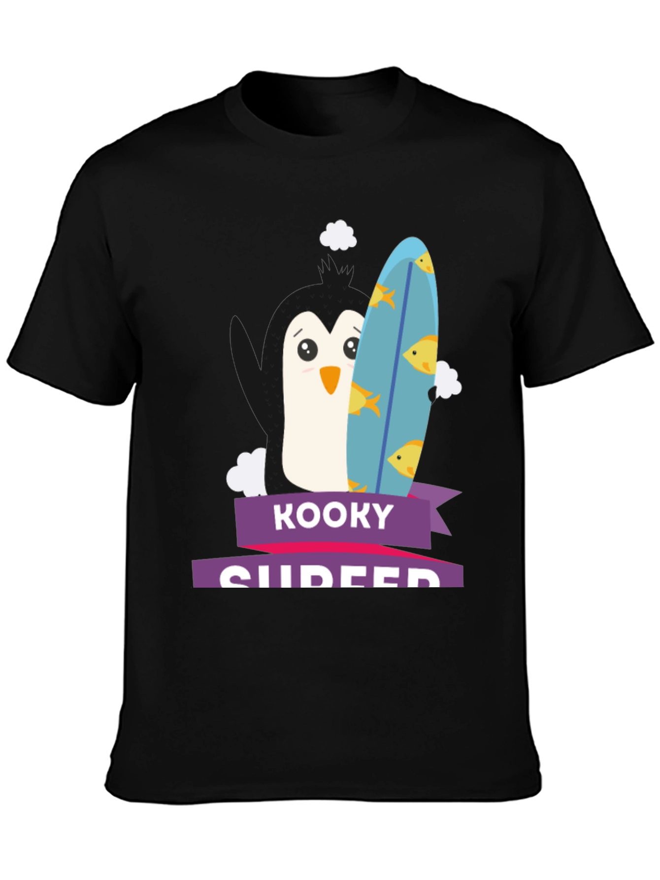 Kooky Surfer Penguin Graphic Tee - Fun Black T-Shirt