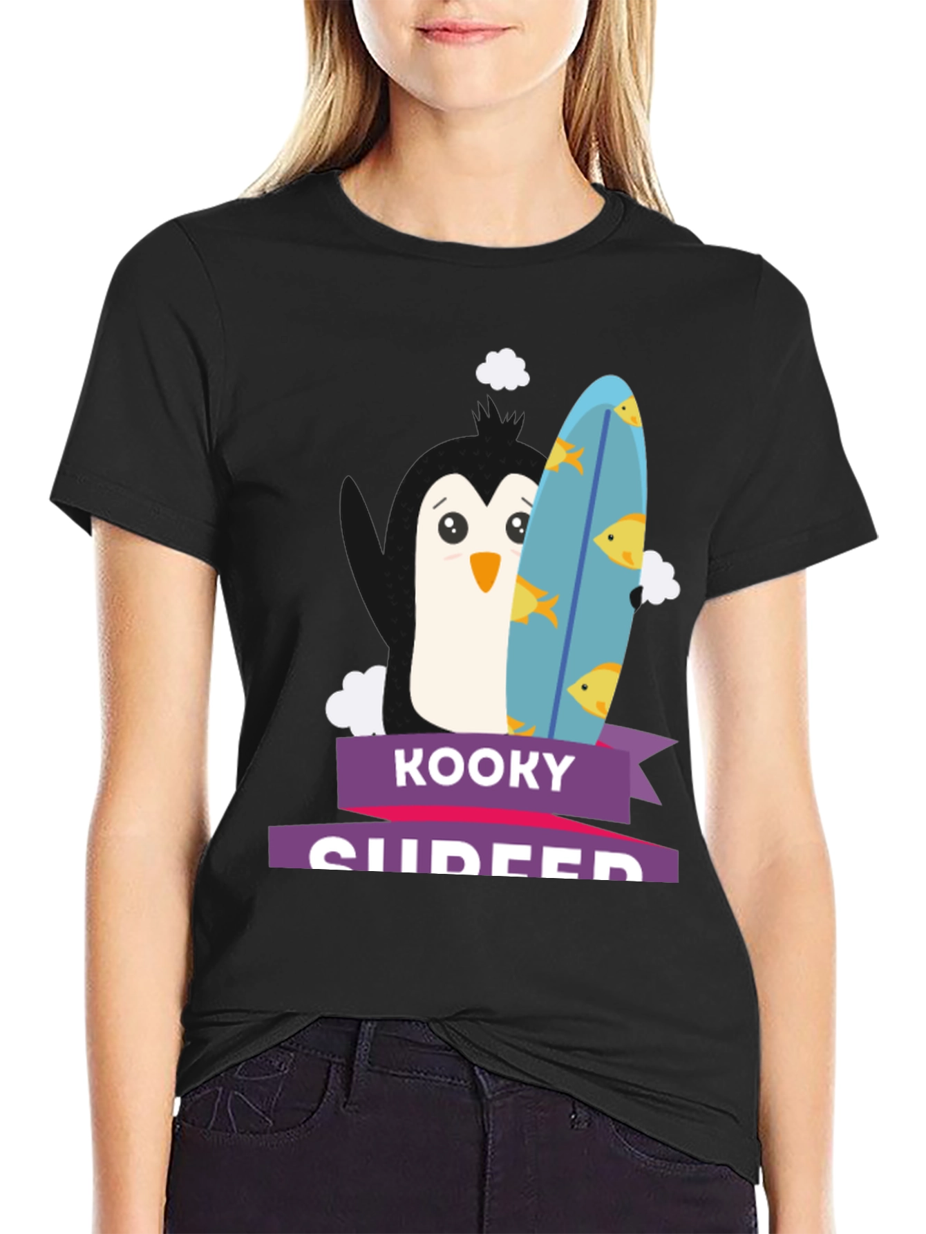 Kooky Surfer Penguin Graphic Tee - Fun Black T-Shirt