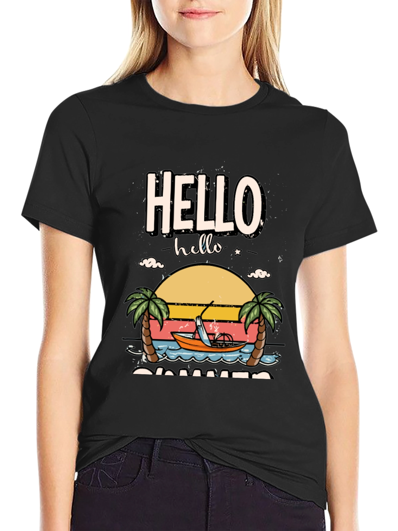 Hello Summer Graphic T-Shirt - Tropical Beach Design