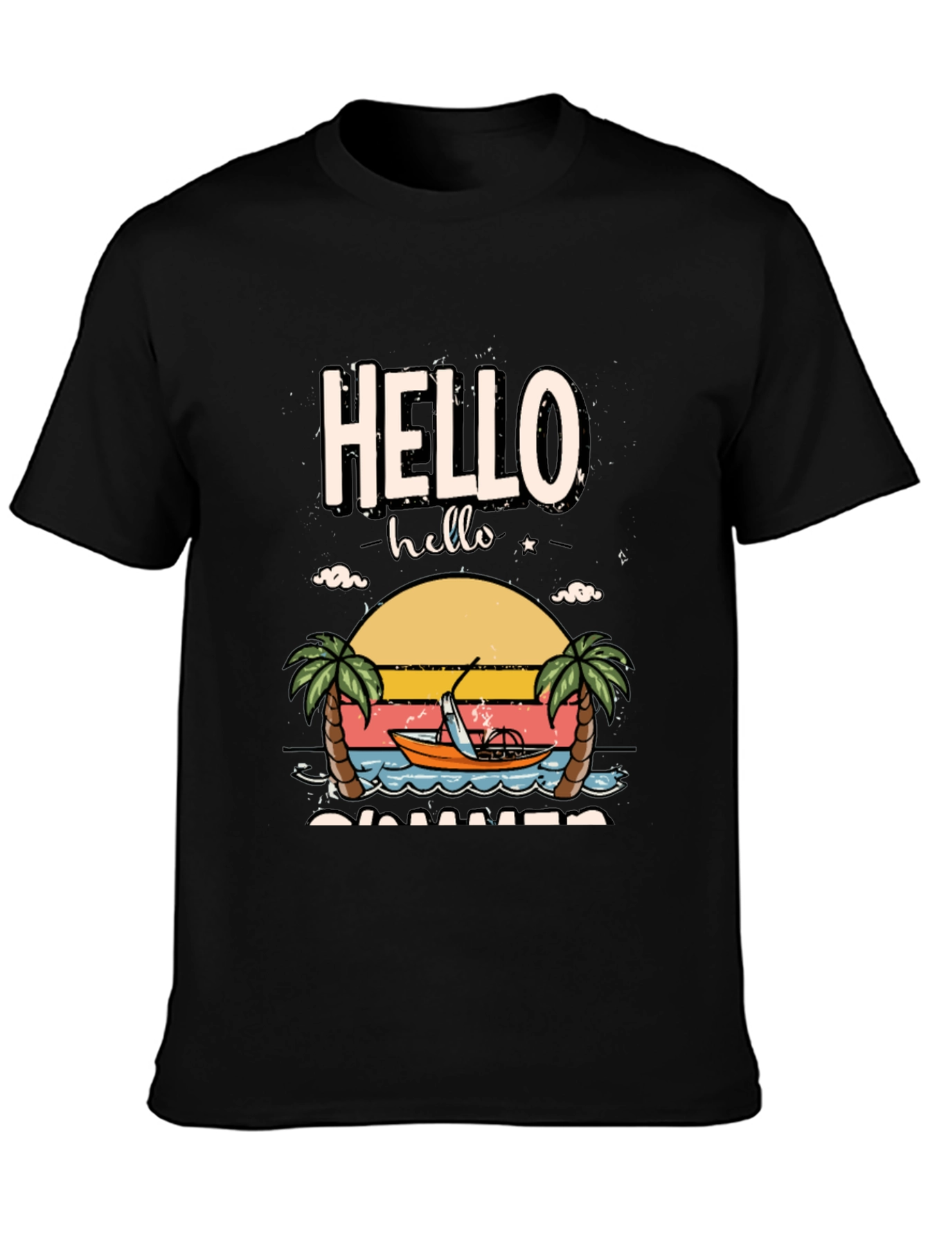 Hello Summer Graphic T-Shirt - Tropical Beach Design