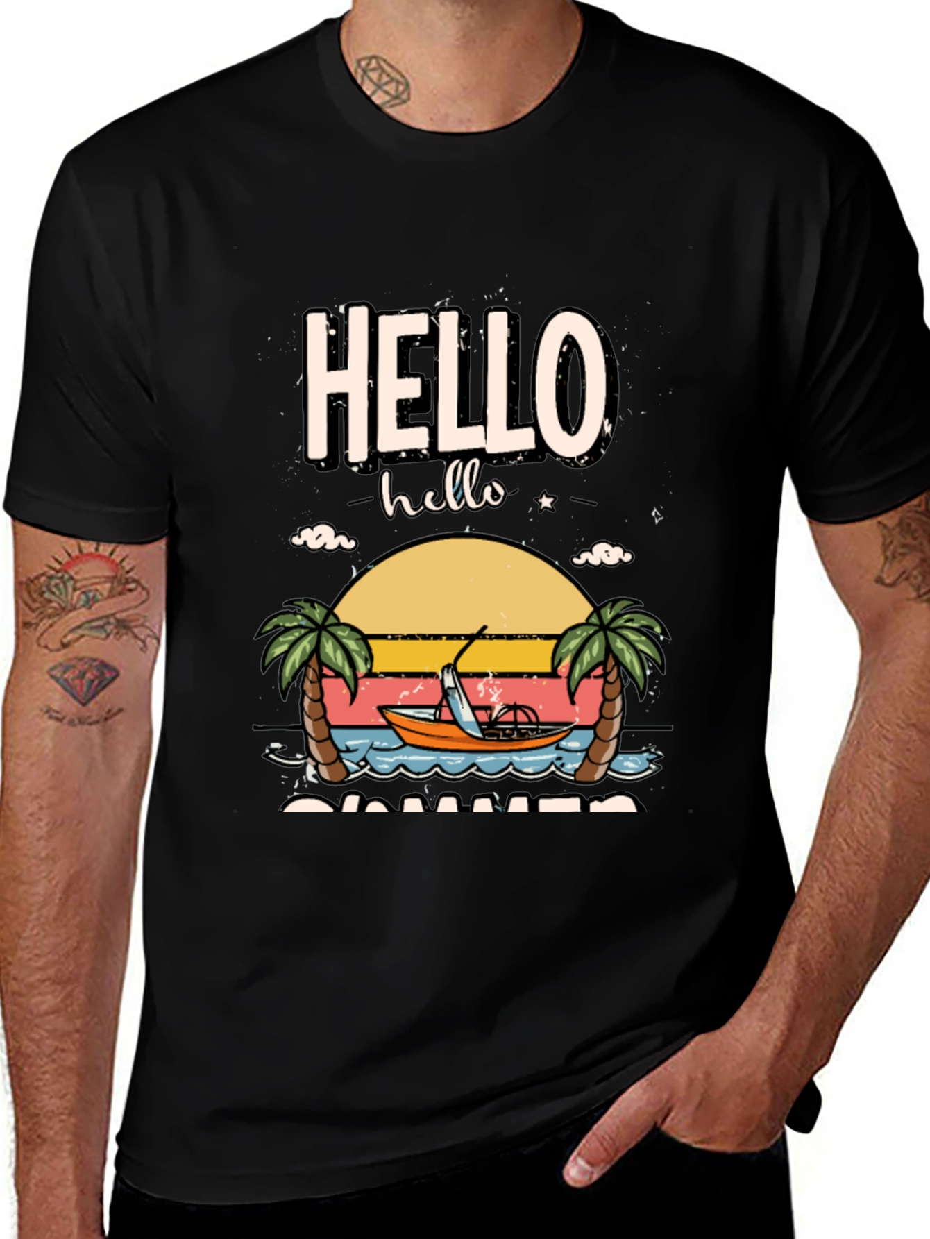 Hello Summer Graphic T-Shirt - Tropical Beach Design