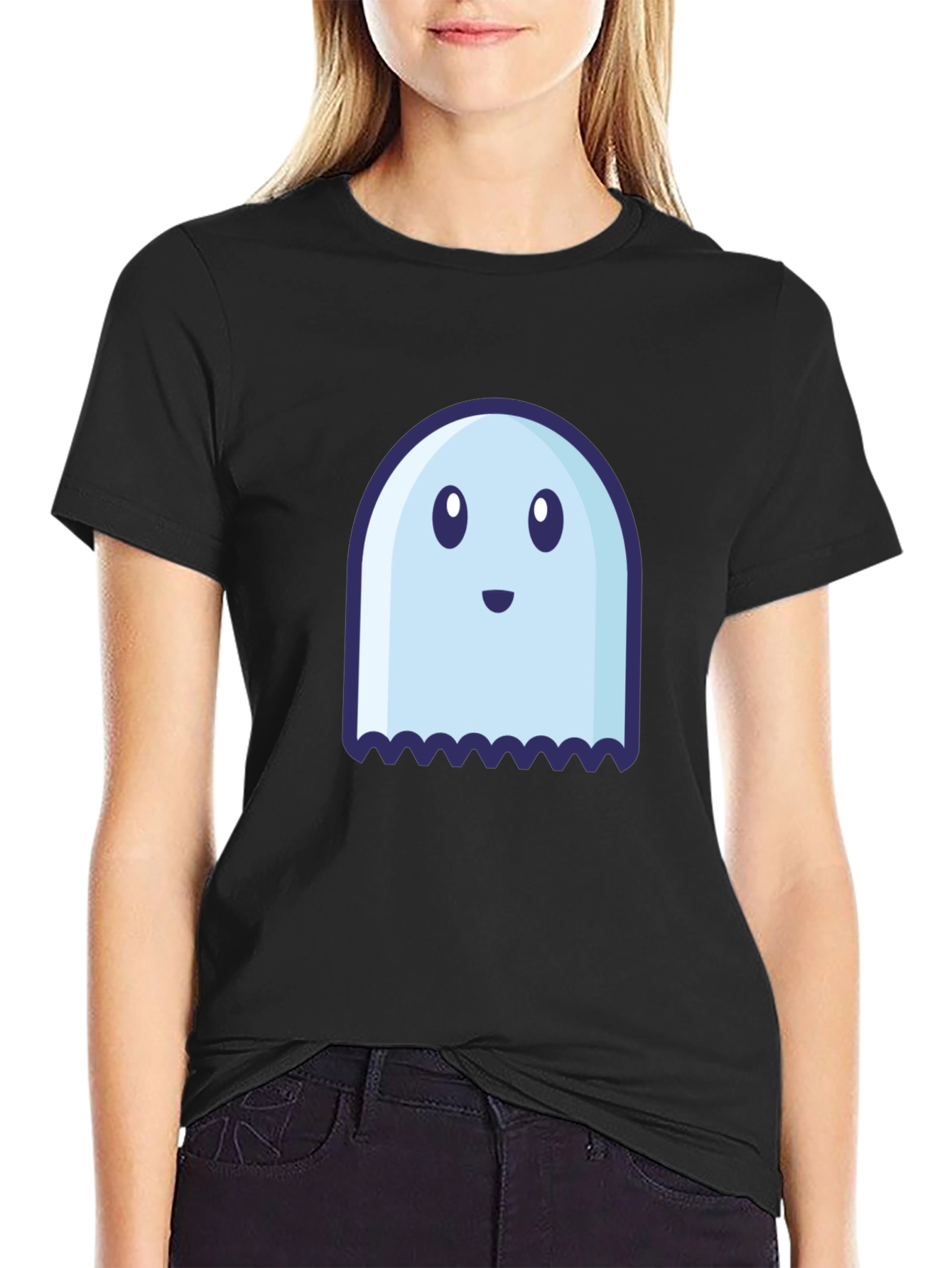 Cute Ghost Graphic Tee - Black Cotton Blend Shirt
