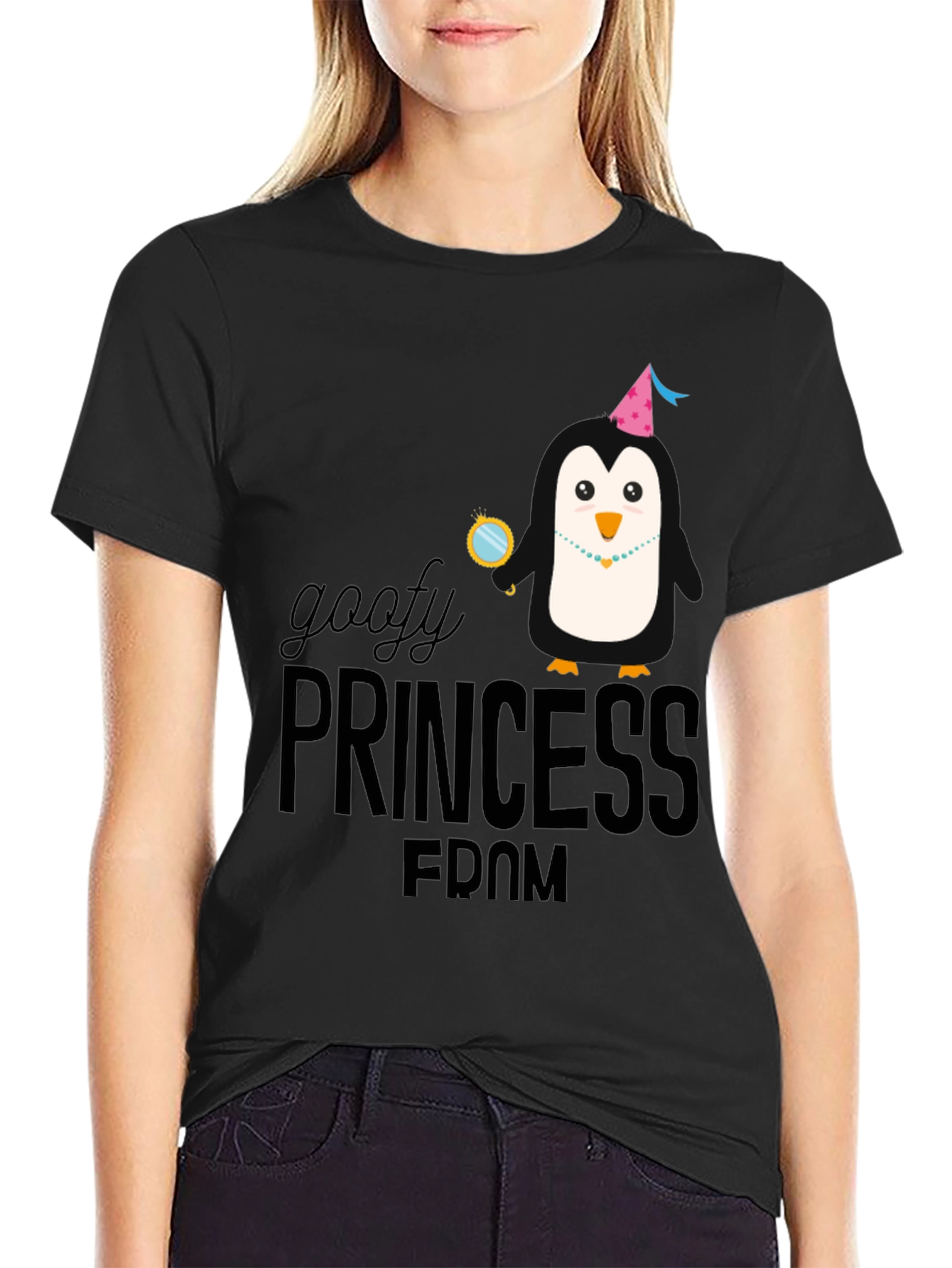 Goofy Princess Penguin Black T-Shirt