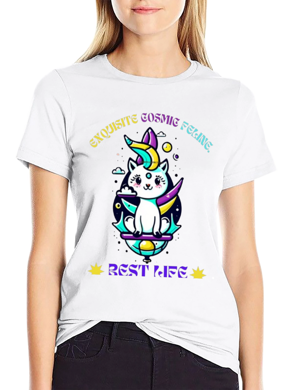 Exquisite Cosmic Feline Graphic T-Shirt