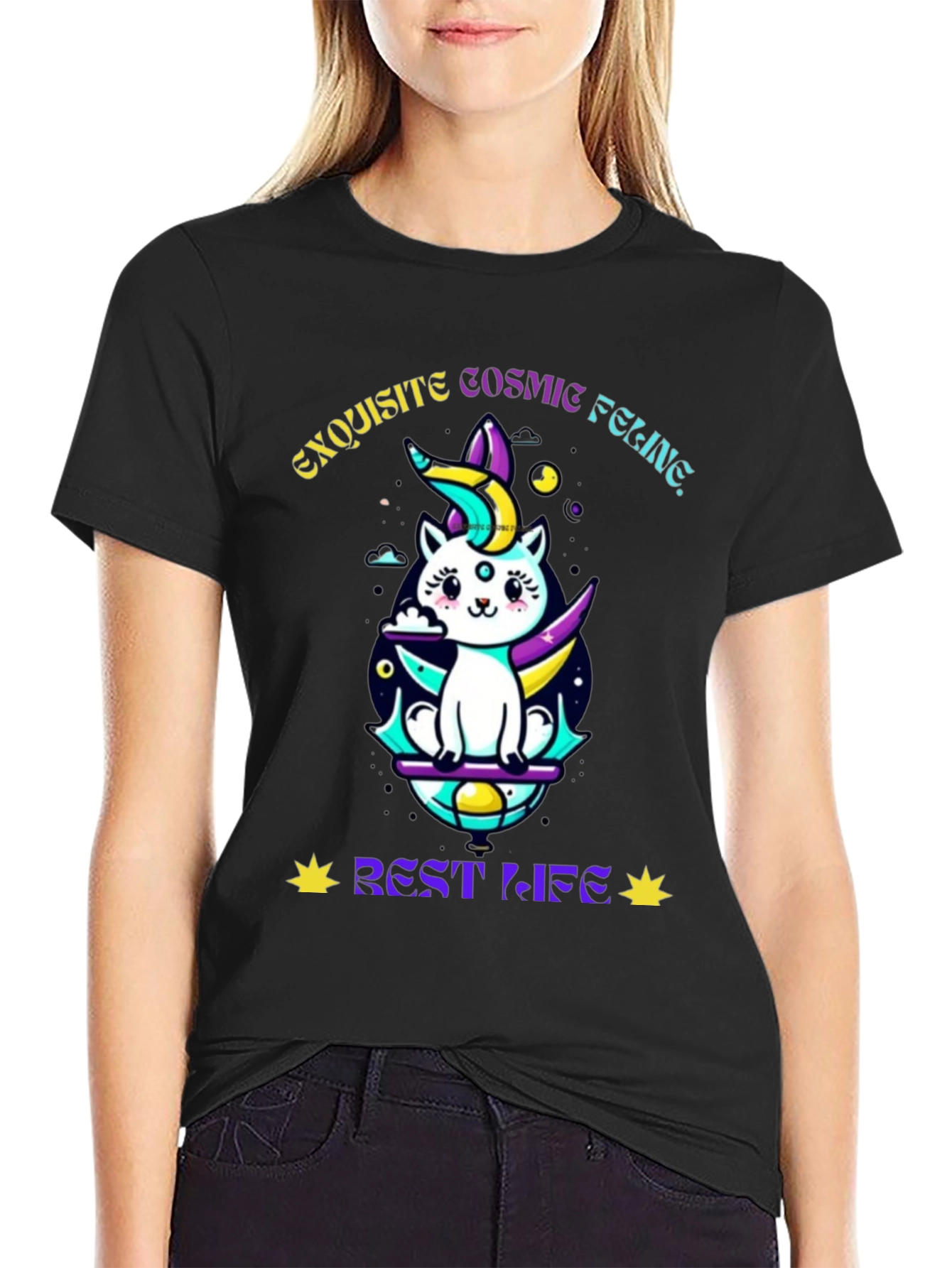 Exquisite Cosmic Feline Graphic T-Shirt