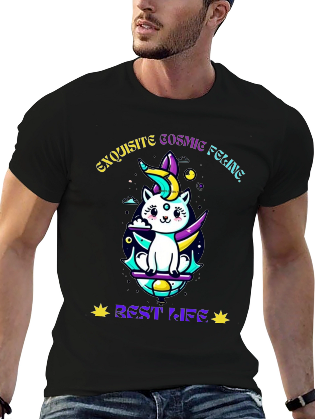 Exquisite Cosmic Feline Graphic T-Shirt