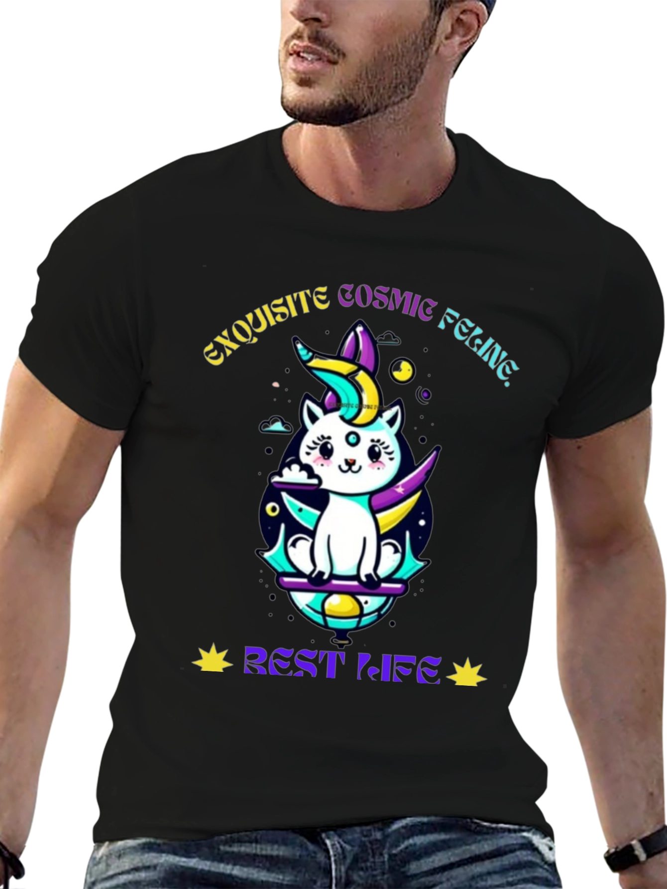 Exquisite Cosmic Feline Graphic T-Shirt