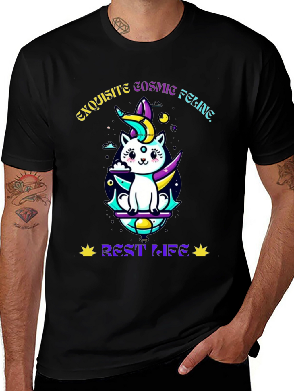Exquisite Cosmic Feline Graphic T-Shirt