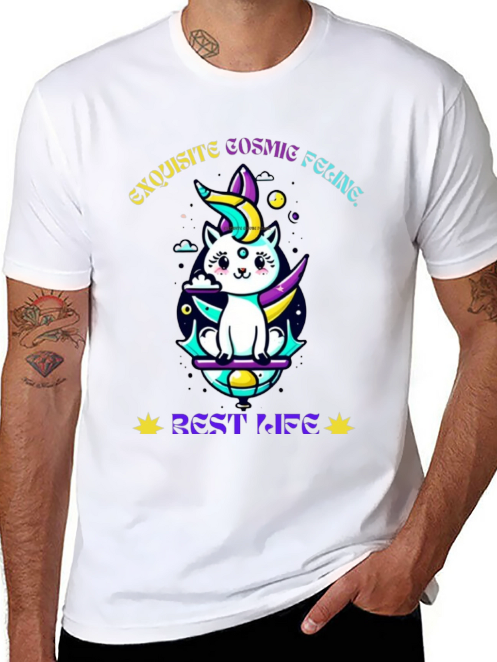 Exquisite Cosmic Feline Graphic T-Shirt