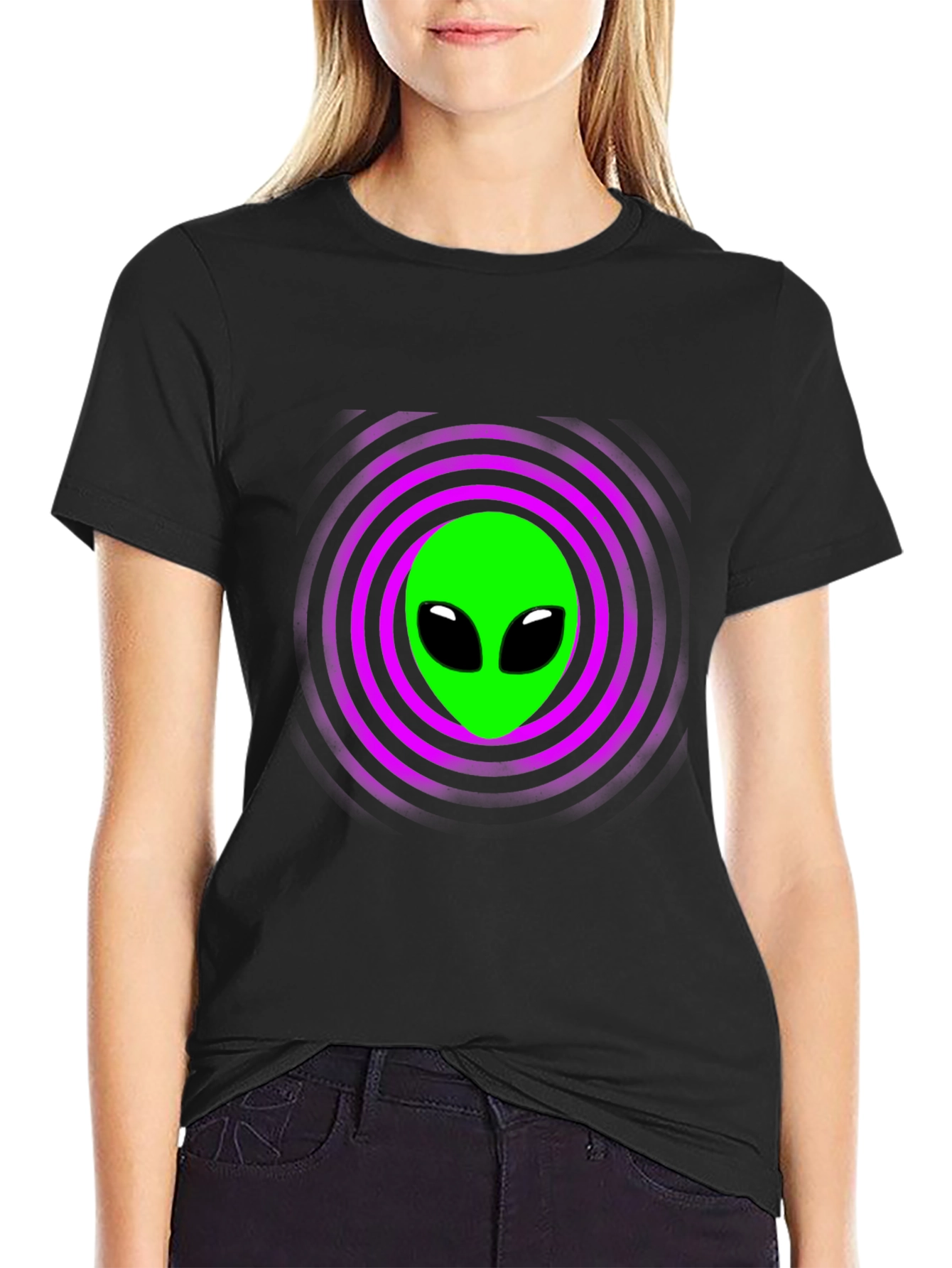 Alien Graphic T-Shirt - Green Face Purple Rings Black Tee
