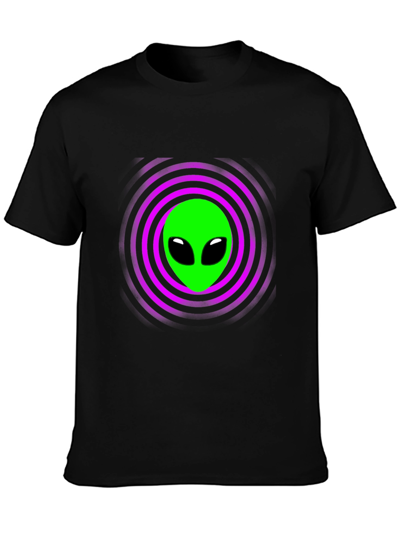 Alien Graphic T-Shirt - Green Face Purple Rings Black Tee
