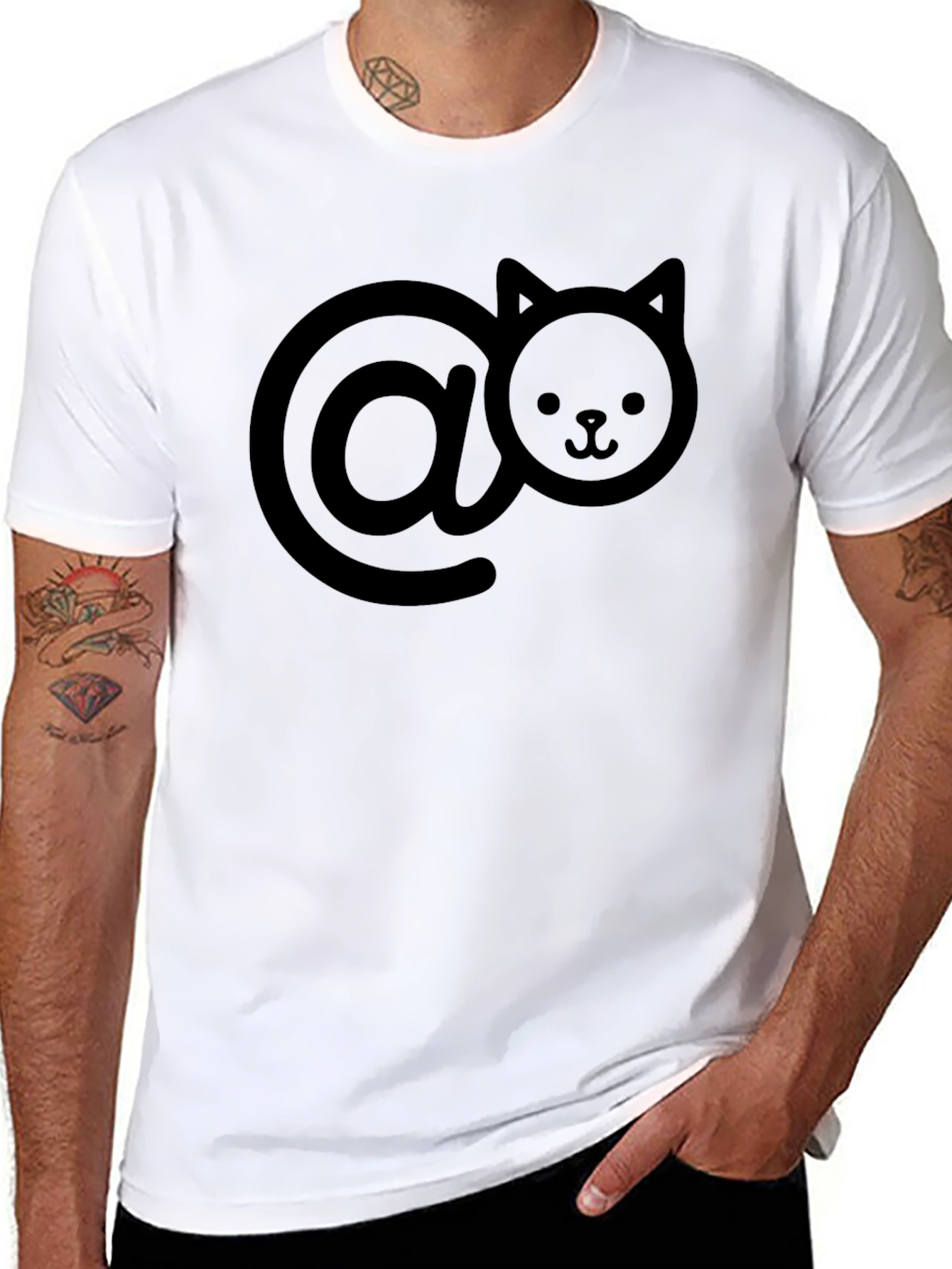 Cute Cat At Symbol Black T-Shirt