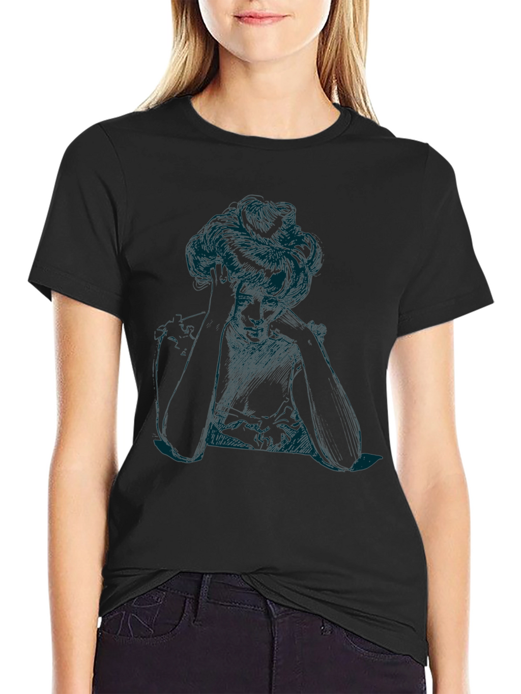 Elegant Woman Sketch Black T-Shirt