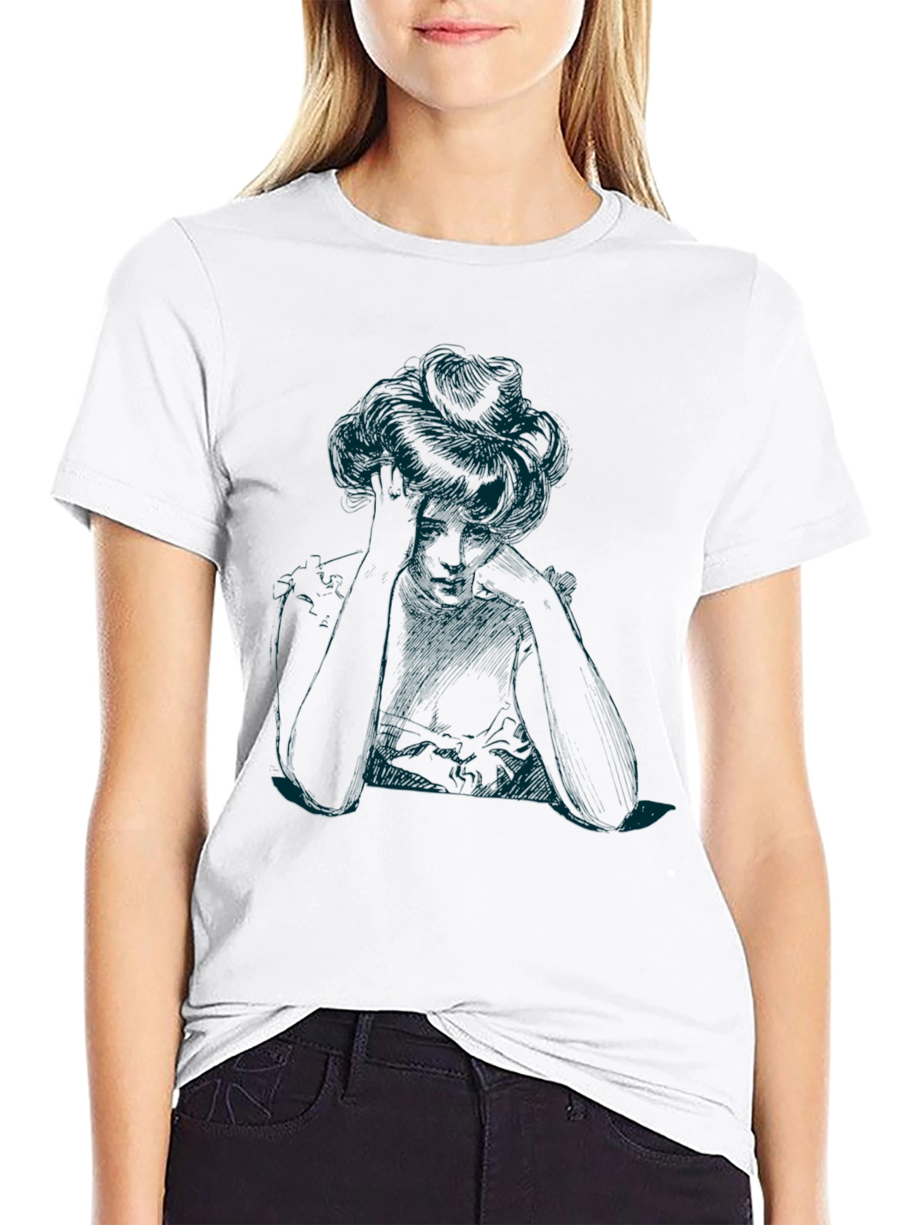 Elegant Woman Sketch Black T-Shirt