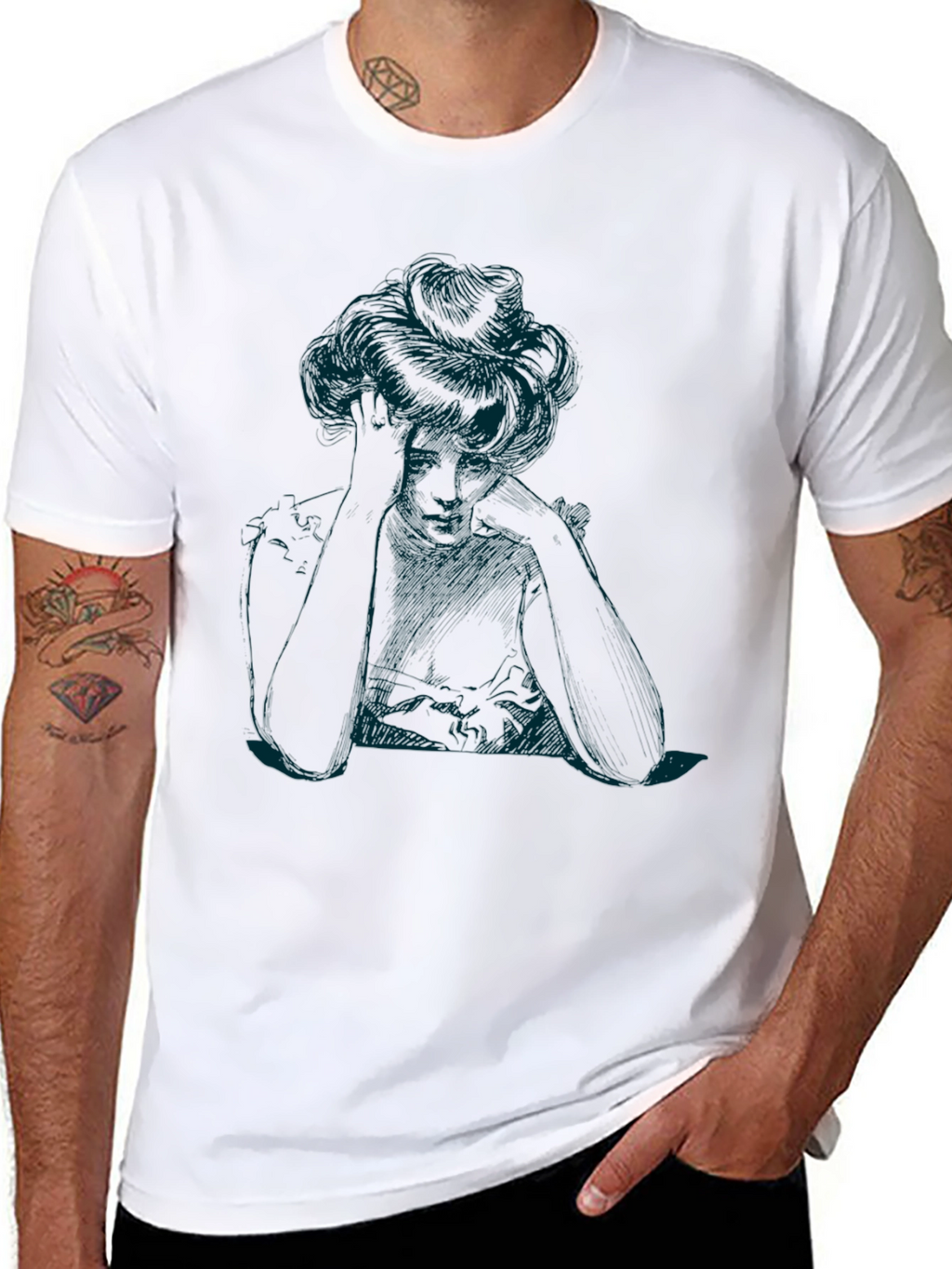 Elegant Woman Sketch Black T-Shirt