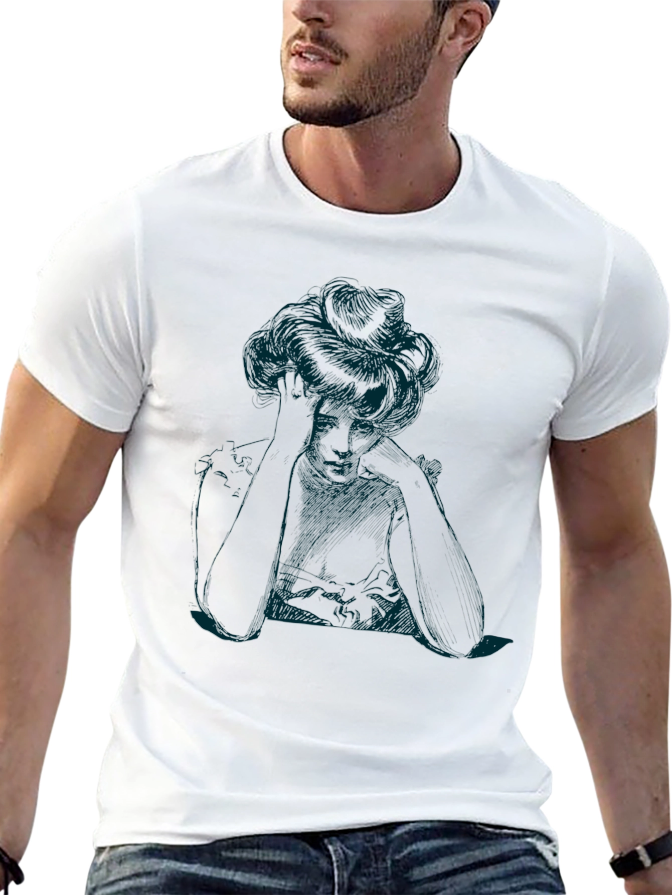 Elegant Woman Sketch Black T-Shirt