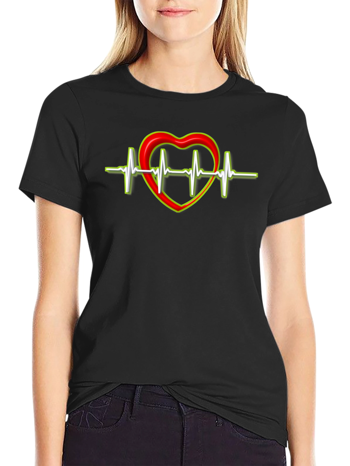 Heartbeat Heart Graphic T-Shirt - Black